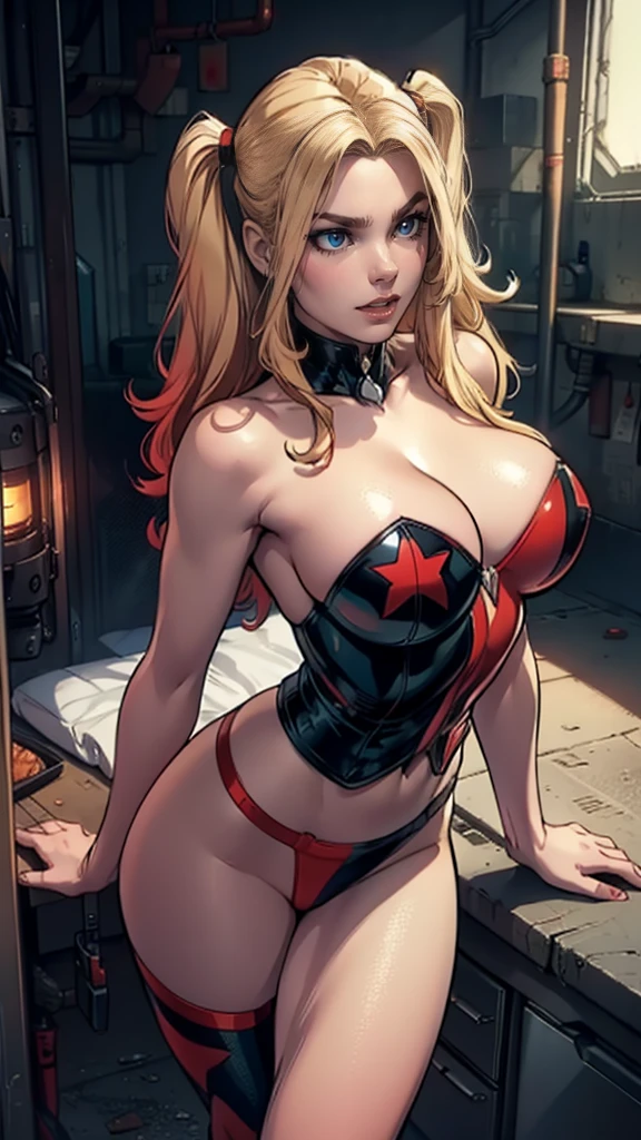 work of art, Ultra-fine photo, best qualityer, ultra-high resolution, photorrealistic, lighting sun, full - length portrait, incredibly beautiful, dynamic poses, 精致的面容, vibrant eyes, (lateral view) , ela usa fantasia futurist do Batman, DC Comics, breasts big, neckleace, below the chest, very detailed background, gazing at viewer, 1 girl, face detailed, marvelous, highly detailed skin, realistic skin detail, sharp focus, volumetric Fog, 8k hd, dslr, high qualiy, film grain, skin fair, fotorrealism, Lomography, viewed from the top, translucent, natta, futurist, Neon lights, cyber punk, neon sign, natta city, standing on roof, perfects eyes, face perfect, Harley Quinn standing, portrait of harley quinn, posing sexy in abandoned factory, perfect slim body, Harley Quinn from the Batman comic book series, beautiful face, Red lips, very long double tail hairstyle with side bangs, very pale skin, prison environment, posing with a provocative and challenging look, from above view