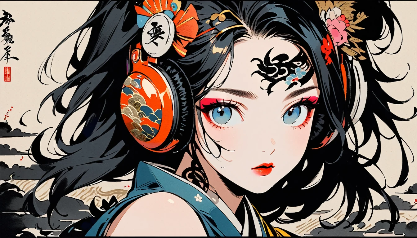 (((Ink Painting))), Fashion portrait color photos, (((1 girl))), (((Tattoo in the center of the forehead))), (((Very flashy hair accessories))), (((Very flashy makeup))), Japanese style headphones, devil, face close-up, front view, Japan人の美少女, Black Hair, Delicate and precise, Modern ukiyo-e style,Japan, Droopy eyes, round face