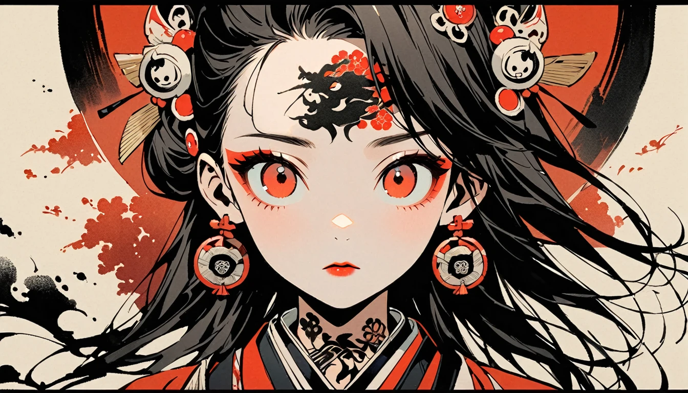 (((Ink Painting))), Fashion portrait color photos, (((1 girl))), (((Tattoo in the center of the forehead))), (((Very flashy hair accessories))), (((Very flashy makeup))), Japanese style headphones, devil, face close-up, front view, Japan人の美少女, Black Hair, Delicate and precise, Modern ukiyo-e style,Japan, Droopy eyes, round face