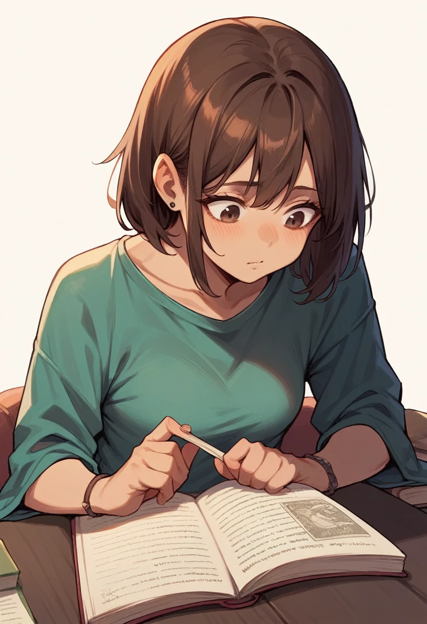 Girl with medium sized straight brown hair reading book