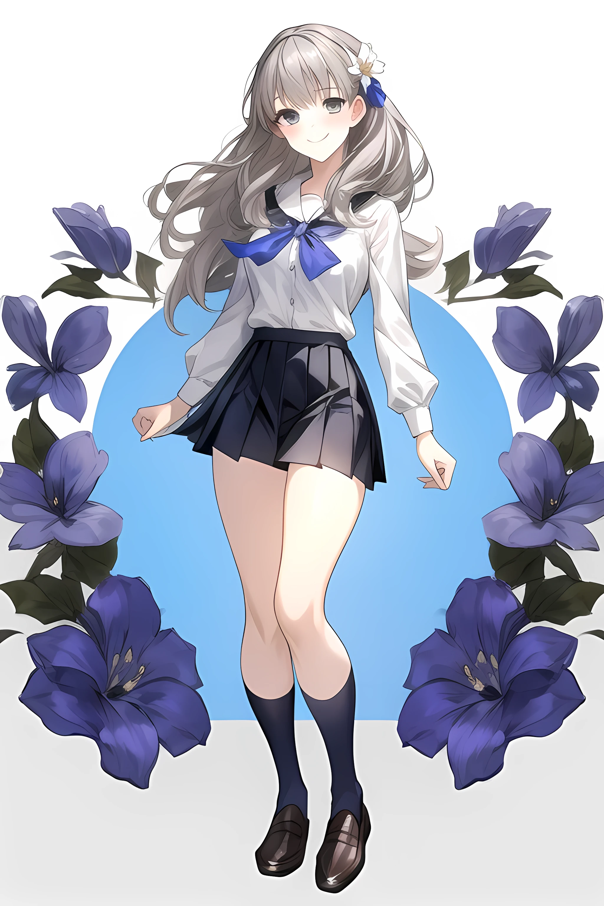 masterpiece, best quality,fuyusaka iori 1, 1girl, solo, hair flower, white shirt, short skirt, black skirt, pleated skirt, hair ornament, flower, long hair, full body, socks, gray hair, white flower, gray eyes, looking at viewer, white background, middle breast, smile, shameful face, slander, standing, loafers, cowboy shot, perpect arms, adult, ecstasy face, beautiful legs,