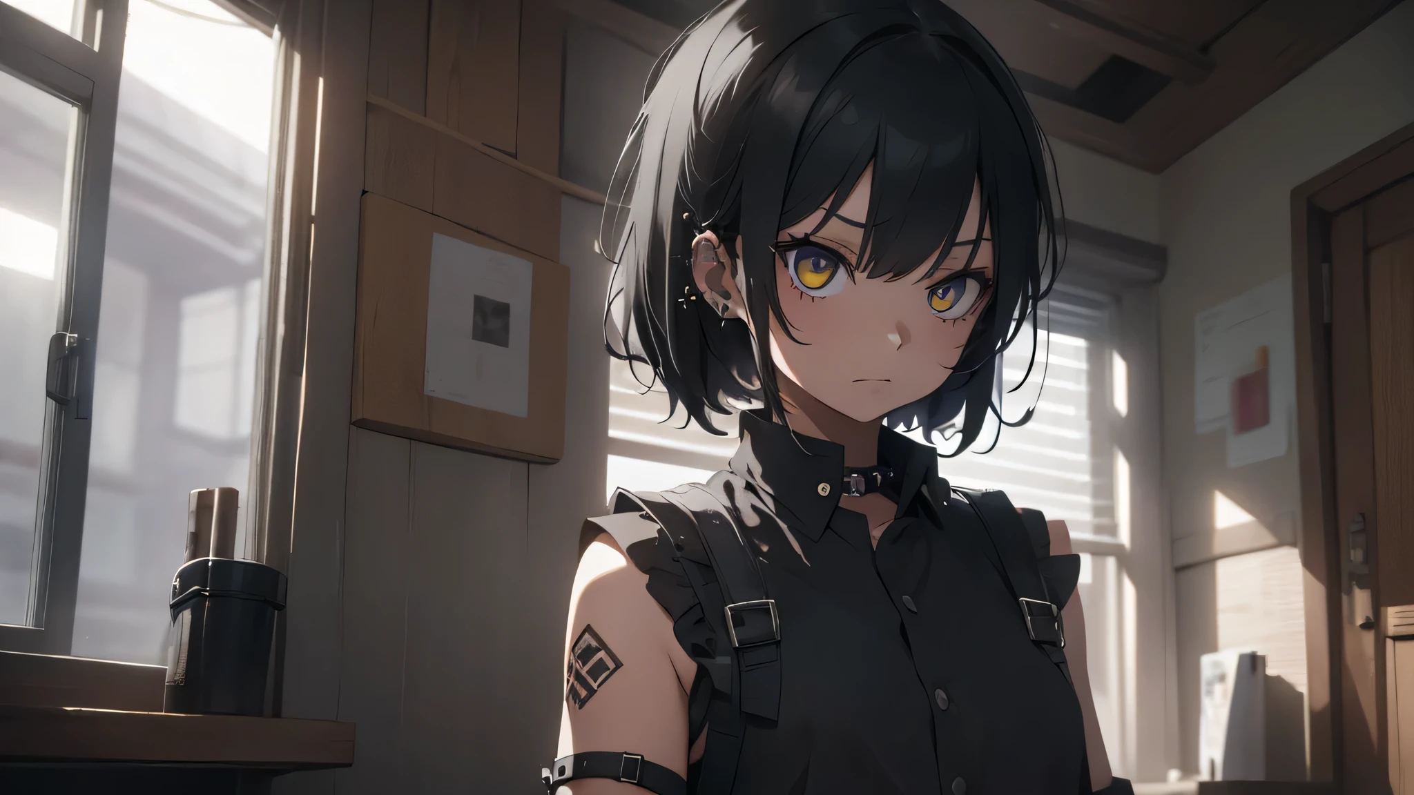 Best god quality, SOLO, solo girl, detailed, a dark room with moonlight shining in, no windows, dark bedroom, minimal lights, , (((SOLO))), (girl standing in middle) 1girl, punk, short hair, black hair, yellow eyes, eyelashes, eyeshadow, nose piercing, lip piercing, baggy shirt, black baggy shirt, (sleeveless), tight black jeans, spikes bracelet, standing, looking at viewer, facing viewer, annoyed, hands in pockets, indoors