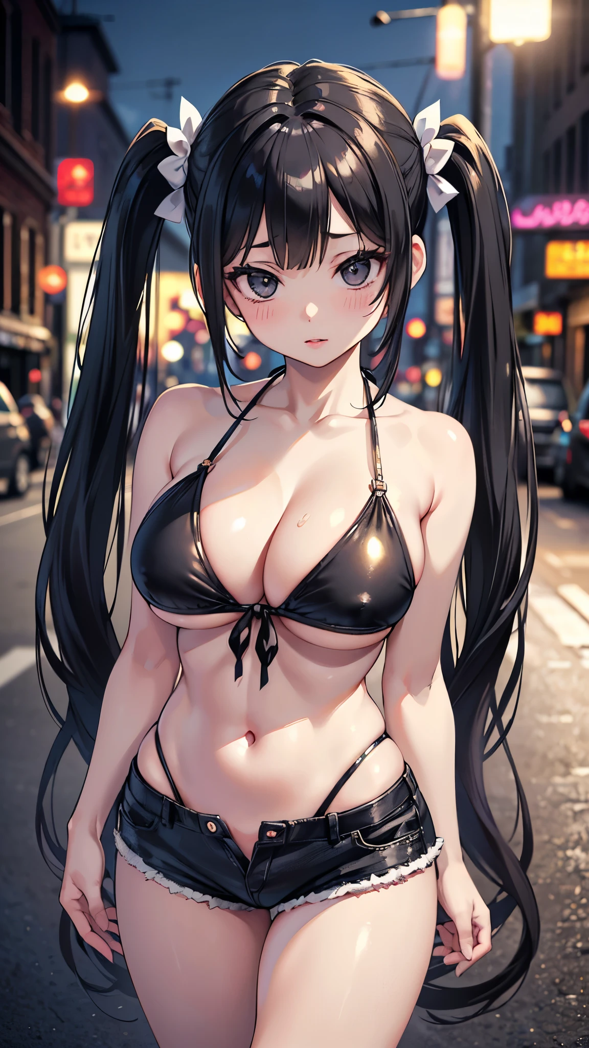 (masterpiece, 最high quality, 超High resolution, Very detailed), (Realistic:1.1, photoRealistic:1.4), Perfect illustration, Perfect lighting,Hair in perfect detail, Perfect and detailed face, Perfect collarbone, Perfect body,Juicy breasts, Perfect Thighs, Beautiful feet, View your viewers, 1 Girl,Perfect Face, (Perfect Anatomy, Anatomically correct), Symmetrical face、((Shiny Hair)),Sexy Body、(masterpiece),(最high quality:1.3),8k,Very clear,(Ultra-realistic),,Captivating woman,(high quality, High resolution, Fine details), Realisticなスタイルの女性,Juicy breasts、One perfect woman、Perfect Face、Symmetrical face、、((Big Boobs))、(Cleavage)、blush、((Juicy lips))、Cowboy Shot、(((Black hair in twin tails tied to the side)))、((Large, double-set black eyes、Long eyelashes))、(((Bikini Topicro Shorts)))、((Naughty Girls))、((Sexy Girls))、(Outdoor、On the street at night)