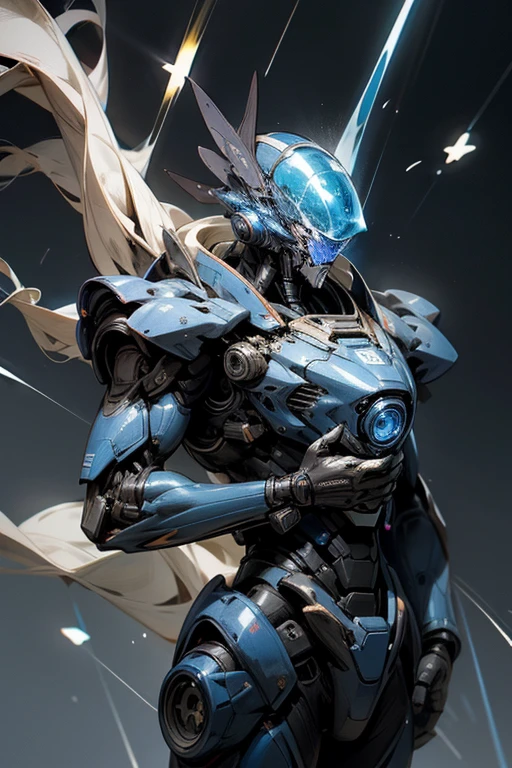 Blue,blue effect,lightning blue effect,dark blue,blue flower,blue meca,blue droid,blue robot,blue background,beautiful background,human_phi,dark blue color,masterpiece,best quality,super detailed,score up _9,super fine illustration,Break Flying in space,flower garden,