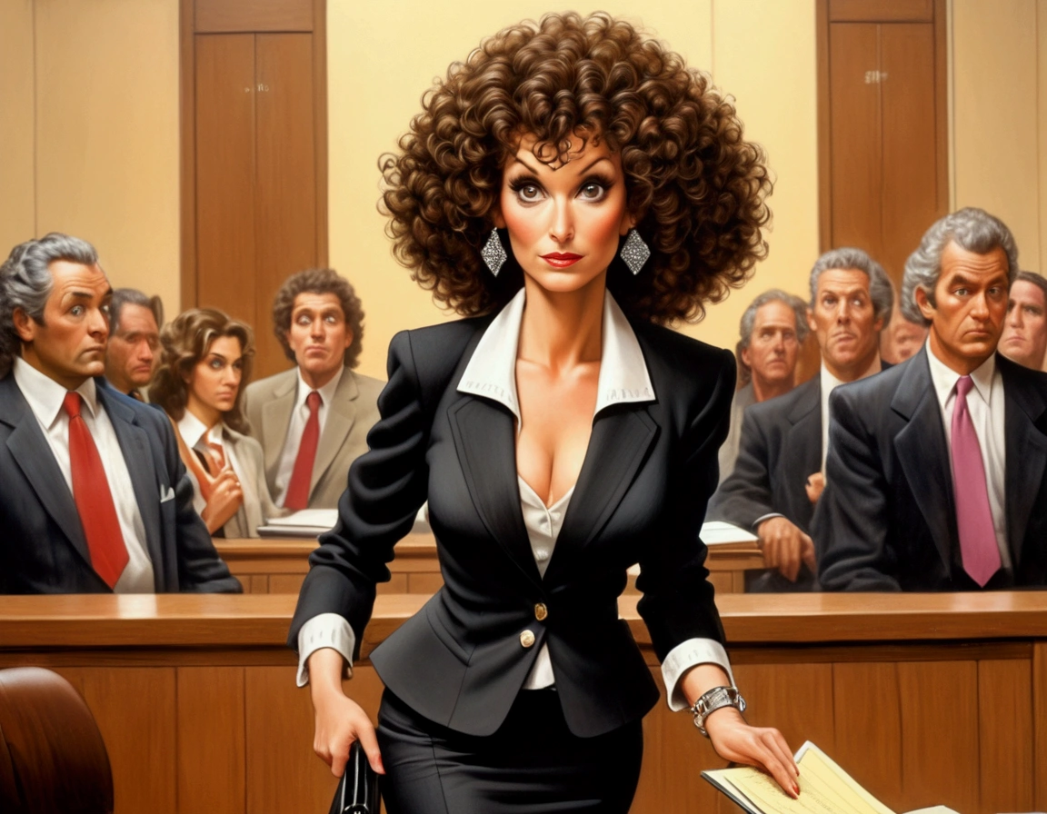 A cute woman (age 40, perm in hair, formal jacket, mini skirt, high heels, little make up, cleavage small but over exposed, folder, cell phone) is questioning a witness in a court room
