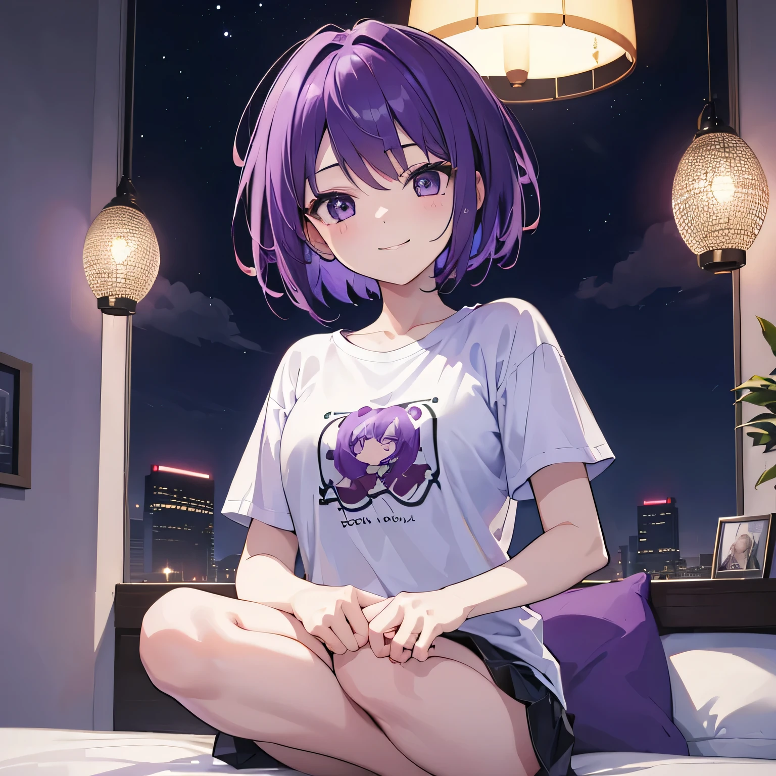 (T Masterpiece，4K wallpaper，Best Quality))、((girl１people))、(solo)、Bright and Brilliant，(Purple Hair)、(short hair:1.3)、smile、Bedroom、T-Shirts、night