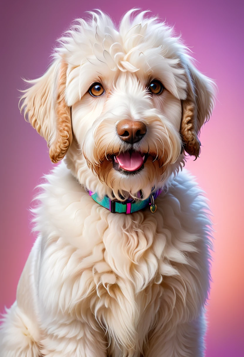 (best quality,4k,8k,highres,masterpiece:1.2),ultra-detailed, "Straight Hair" "white Labradoodle",soft brown nose,beautiful detailed caramel eyes,Straight white fur,long and fluffy tail,playful expression,vivid colors,pastel tones,soft lighting,pet portrait