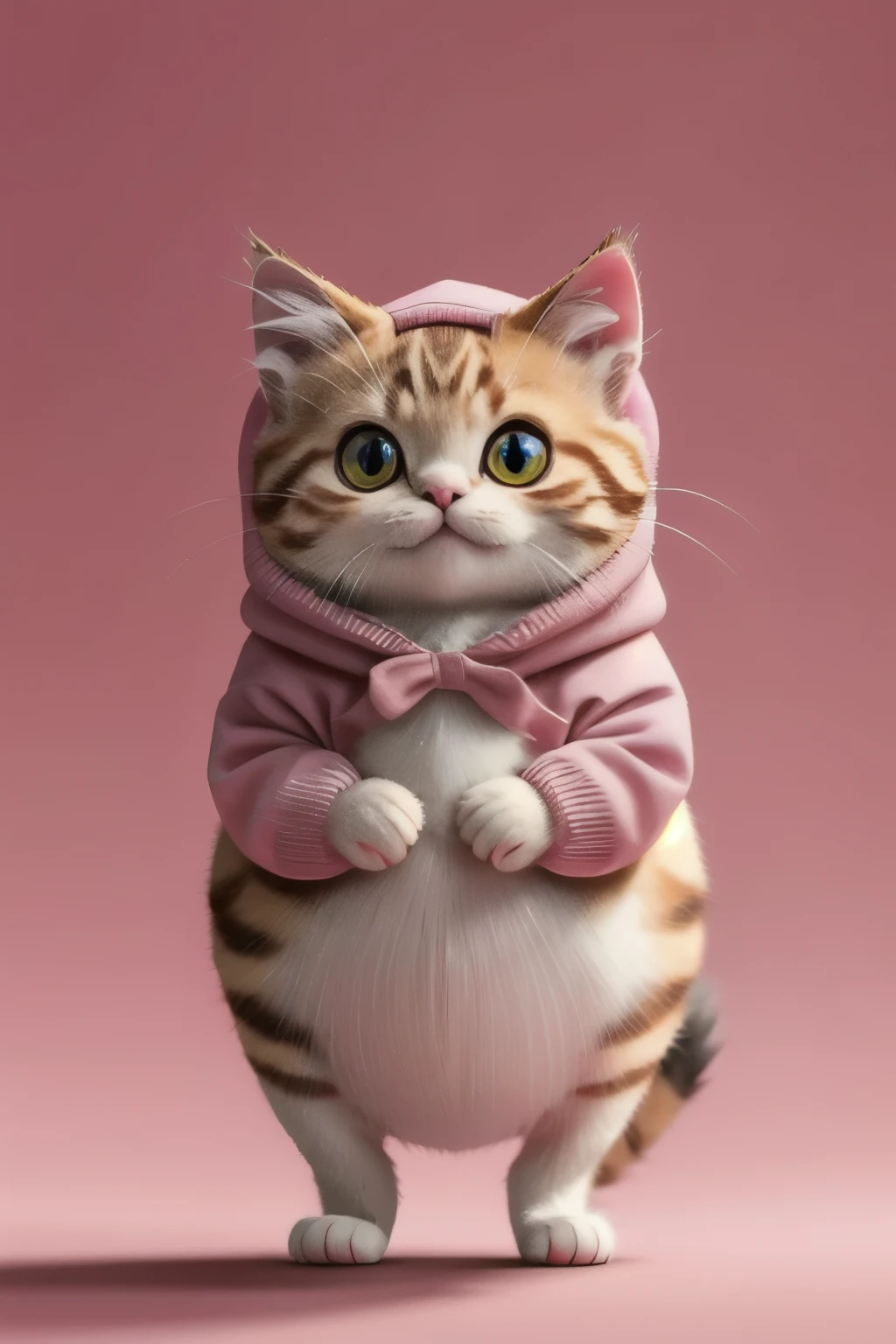 masterpiece,high quality,Cute fat pink kitten,upright、On your stomach,View from the front、Stand on two legs、Clean background,Wearing a sweatshirt、Cute Hats、Fruit on your head