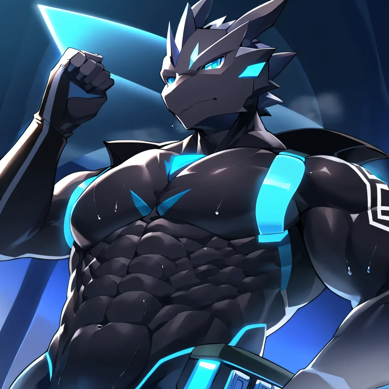 Thin macho　western black dragon　　abs　　　　　Hollow abs　　body suit　　thick arms　　　chest rig　　　、sweaty　　　skin glow　　profile　　Wearily　short of breath　　  　Chemo shota　　Thick chest have a 　blue eyes　Tired look　Glowing abs　Deep abdominals jacket　profile　one person