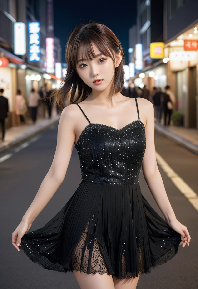 masterpiece、one beautiful girl、detailed eyes、bulging eyes、highest quality, 超High resolution, (reality: 1.4), cinematic lighting、Japanese、asian beauty、Korean、Super beautiful、Shining beautiful skin、slender、The body is facing forward、(Super realistic)、(High resolution)、(8K)、(very detailed)、(美しくdetailed eyes)、(Super detailed)、 (wallpaper)、detailed face、the lighting is bright、professional lighting、look at viewer、Facing straight ahead、The costume is a black dress...、46-point diagonal bangs、night scene、brown hair、japanese idol、korean idol、Gravure idol、actress、19 years old、tall、(dynamic pose, dynamic angle:1.3), random pose, random angle,