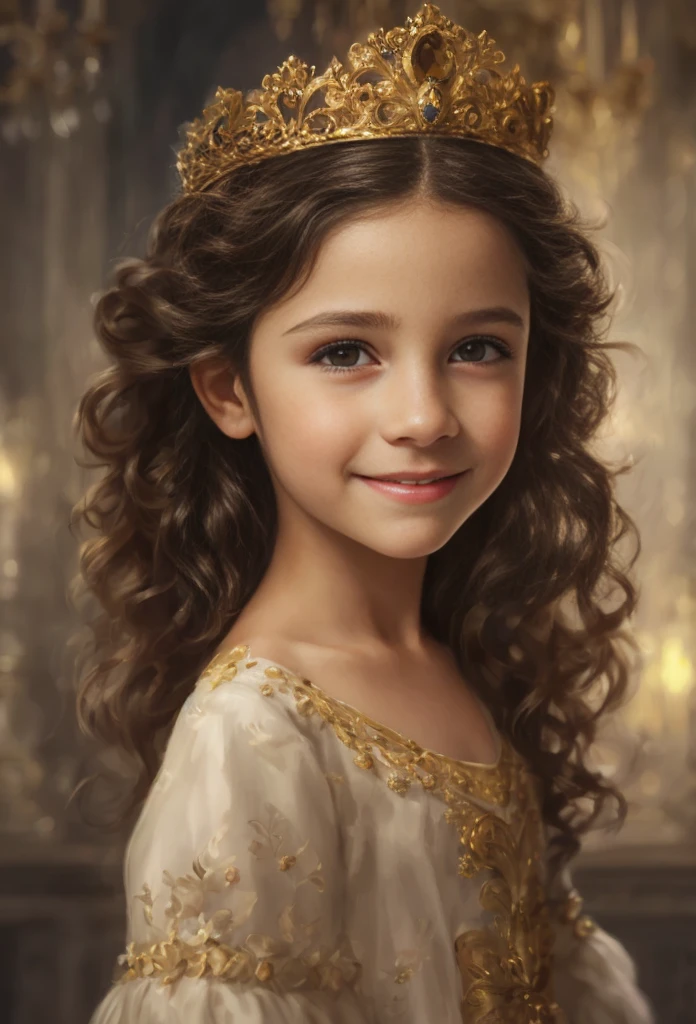 High definition, portrait, girls with dark hair, 8 , yellow eyes, smile, tiara, portrait, ballroom in the background, realism, fantasy