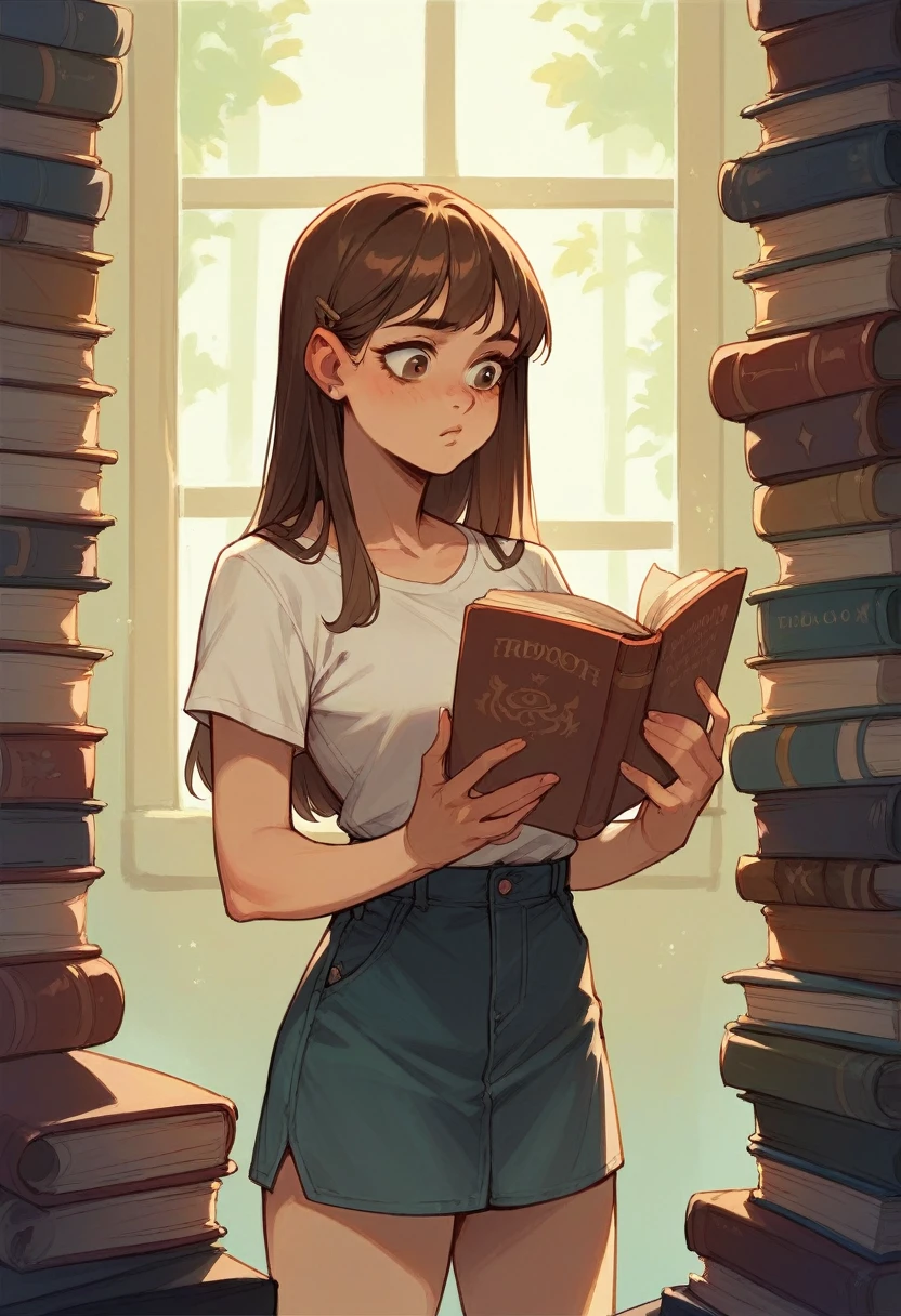 Teenage girl with long brown hair standing reading book