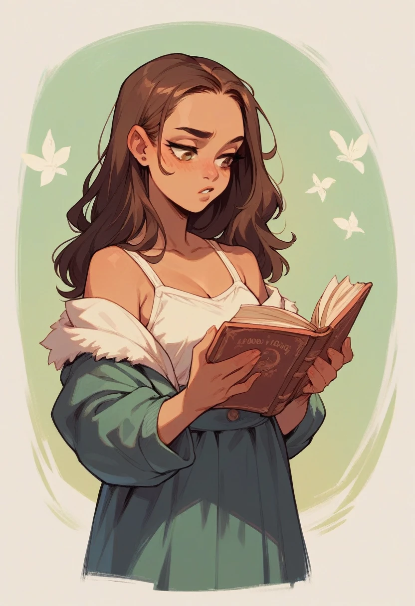 Teenage girl with long brown hair standing reading book