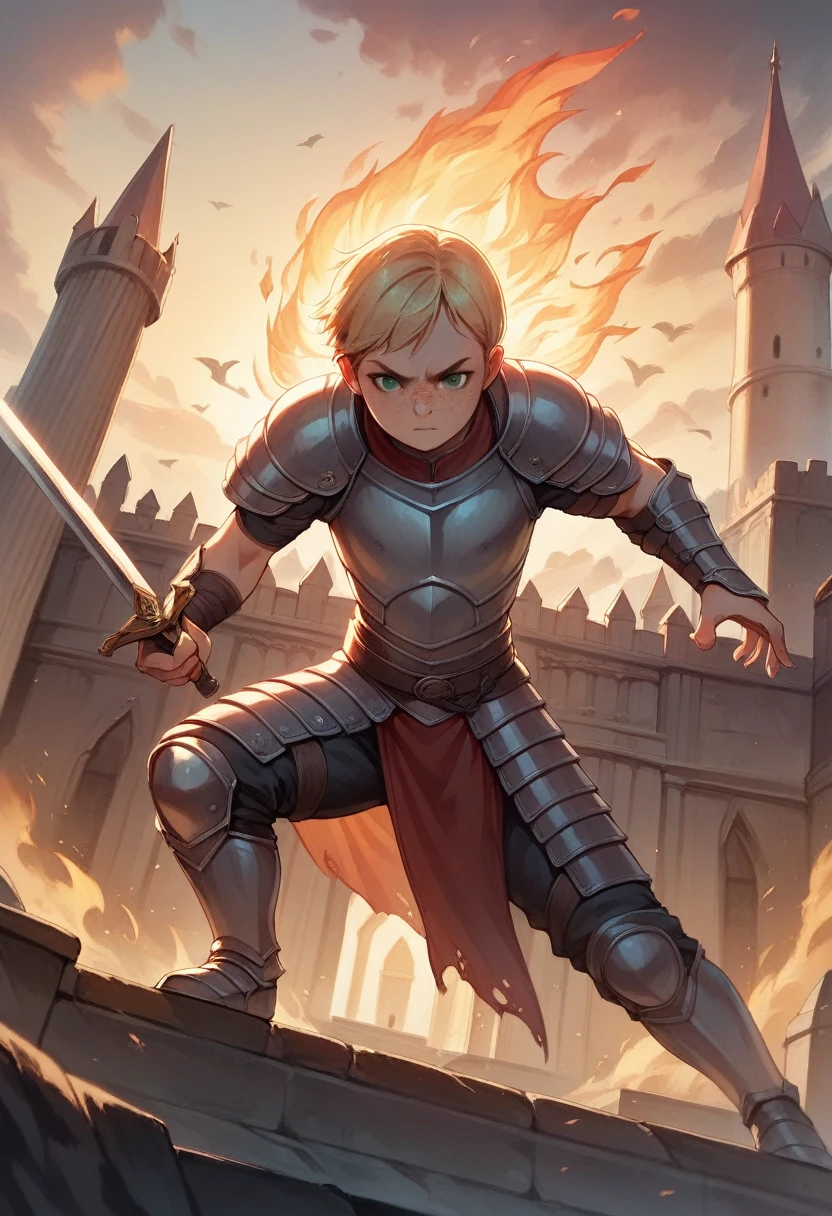 Illustration, detailed illustration, ultra detailed, best quality, dynamic angle, 1girl, lithe, flat chest, beautiful, short blonde hair, green eyes, light freckles, gray armor, castle, action pose, carrying sword, fire in background, fighting monsters