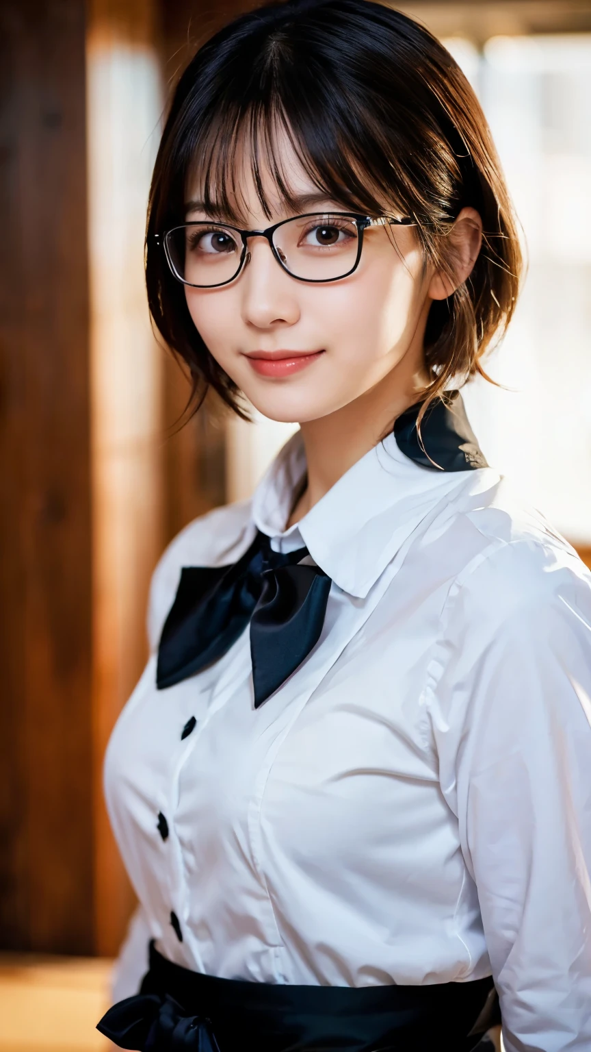 (Highest quality,masterpiece:1.3,Ultra-high resolution),(Very detailed,Caustics,8k),(Realistic:1.4,RAW shooting),A girl dressed as a butler,Japanese,boyish,smile,20-year-old,Short black hair,Glasses,Looking into the camera,Inside the Western-style building,Waist up shot,front,Face Focus,Face close-up,(Warm Light),Professional Writing