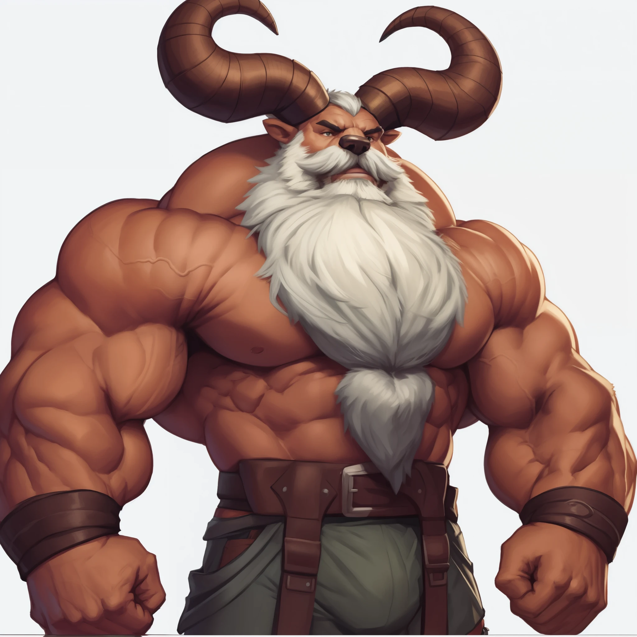 a potrait, half body, semirelistic:1.2, ((huge horn's, black horn's)), thick beard, thick mustache, massive muscle, masterpiece, detailed face, muscular old man in front house, old man, bearded. white hair and beard, bearded, ((muscular, pectoral, wide pectoral, huge pectoral, thick arm, huge arm)), realistic, 8k, masterpiece, (wearing shorts and shirtless:1.3, topless, shoes), smile, brown bear