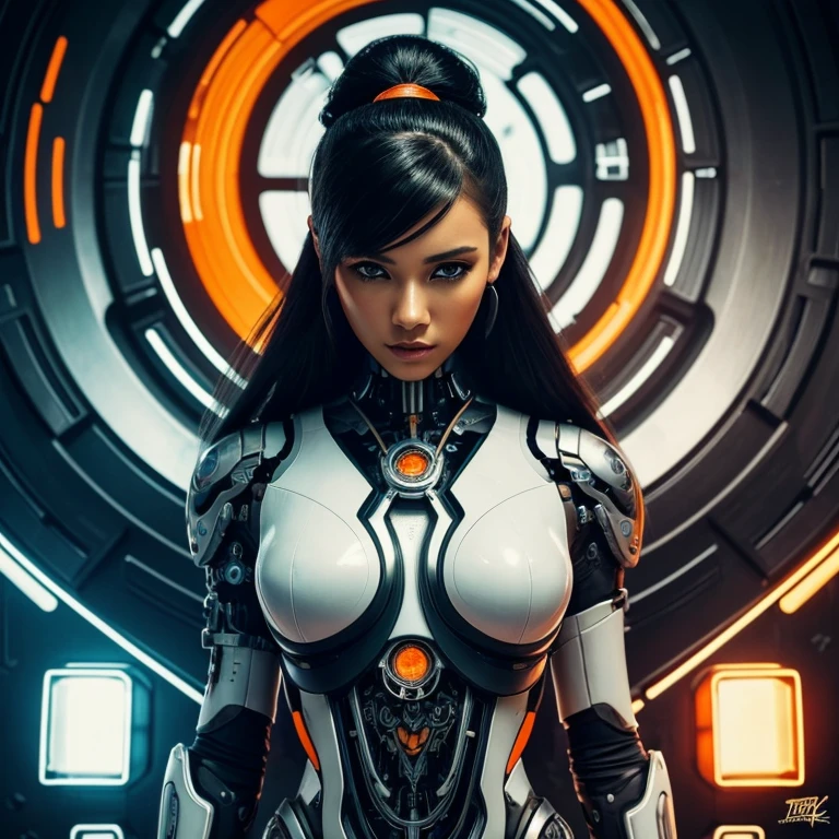 A stunning, hyper-realistic painting of a beautiful female cyborg in an orange and black outfit, showcasing intricate mechanical body parts, and adorned with a stylish jacket. Her black hair flows gracefully, and she gazes captivatingly at the viewer with her large, expressive eyes. The background features a futuristic cityscape with graffiti-covered walls and a large window that frames the cyborg perfectly. The artwork is rendered in the distinctive style of renowned artists like Russ Mills, Sakimichan, and Wlop, with white highlights, half-tone shading, and delicate details. The composition is a masterpiece of surrealism, inkpunk minimalism, and sensuality, displaying the cyborg's alluring features and iridescent, luminescent scales., painting, graffiti