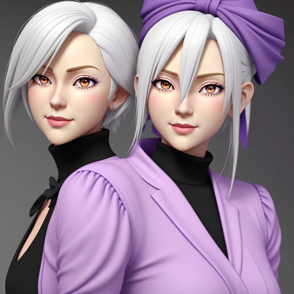 a close up of two images of an old woman with white hair in a different purple old dress with the same simple pose, 1style character, grandmother, anime styled 3d, render of a 3d anime girl, stylized anime, stylized character, 3 d render stylized, high quality character design, stylized character design, cute cartoon character, 3d characters, anime stylized, animation character,