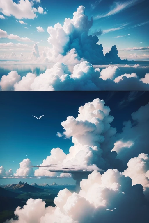 Images of a beautiful landscape with clouds and white birds