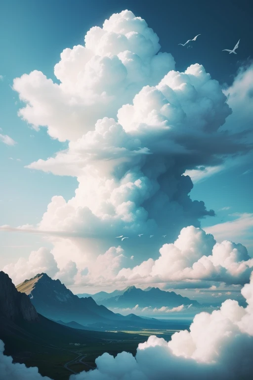 Images of a beautiful landscape with clouds and white birds
