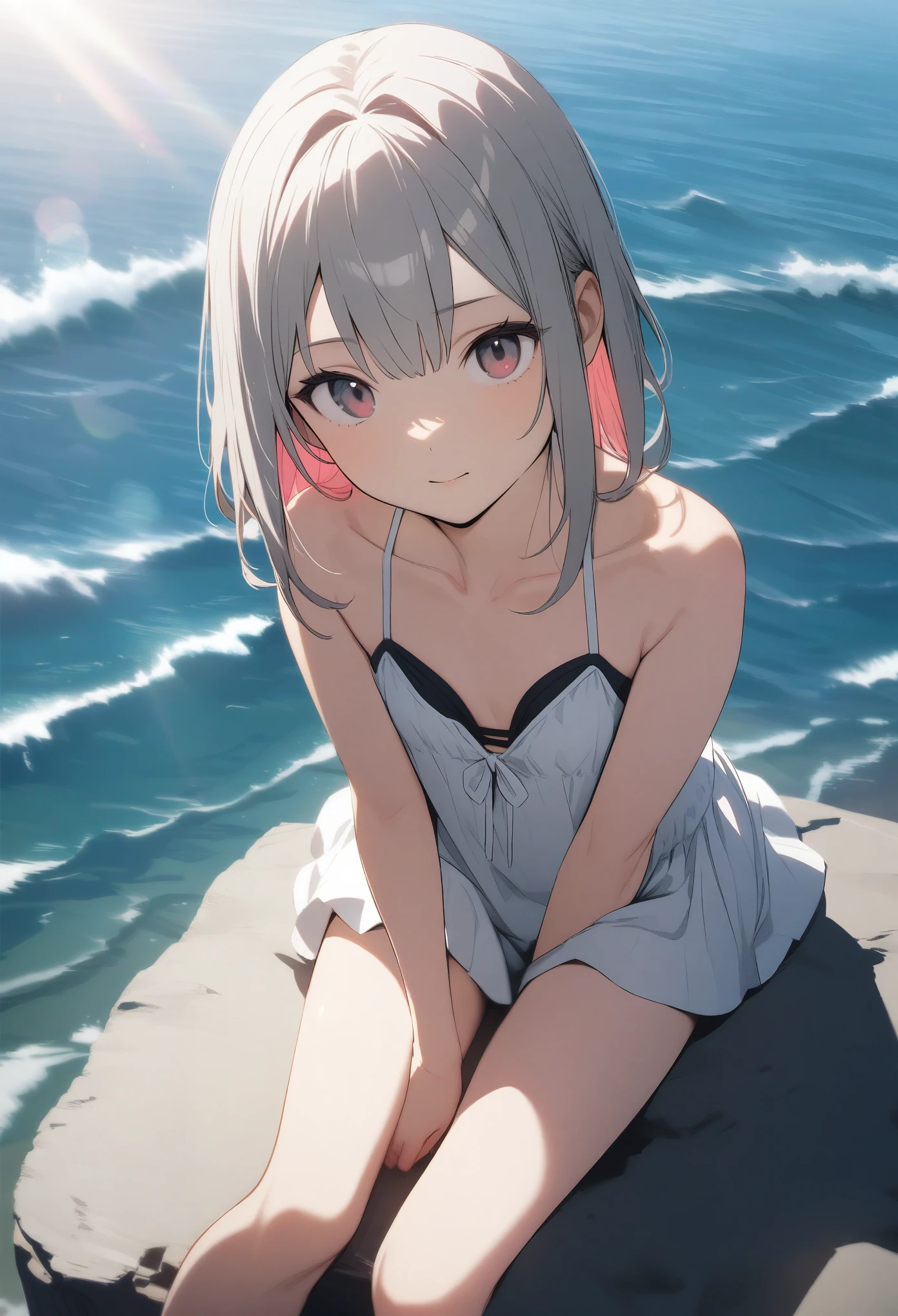 One 15-year-old girl, ((Sexy Bikini))、(Grey hair colour,Red-pink inner color hairstyle), Beautiful Hair, Facial Contour, Remember, Ocean, sunlight、splash, Lens flare,, Natural Color, High resolution, Very delicate, Very detailed, 8k,（There is only a slight swelling of the chest,About B cup）、Shyness,((Sexual)),((Sexy feeling))、Sitting、Top view angle