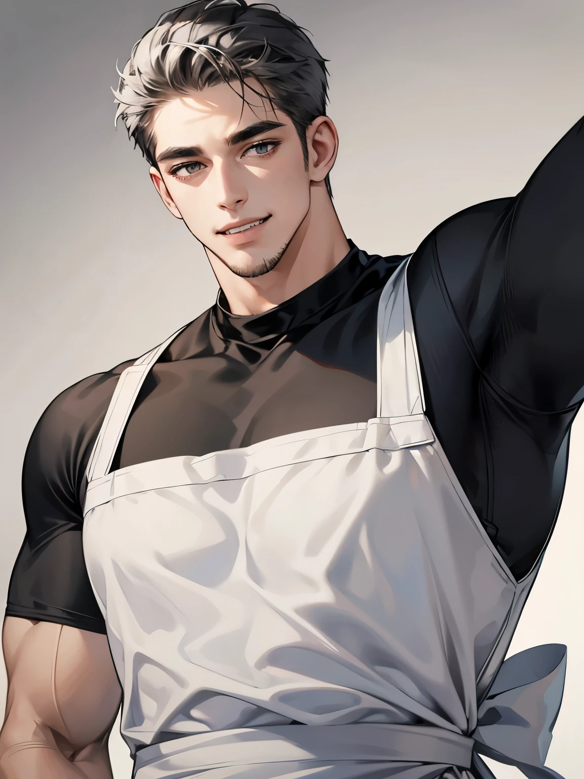 (Portrait),men wear dark gray shining apron over white T-shirt, muscular and handsome,fang,facial hair,Smile, Open Mouth, Depth Of Field,