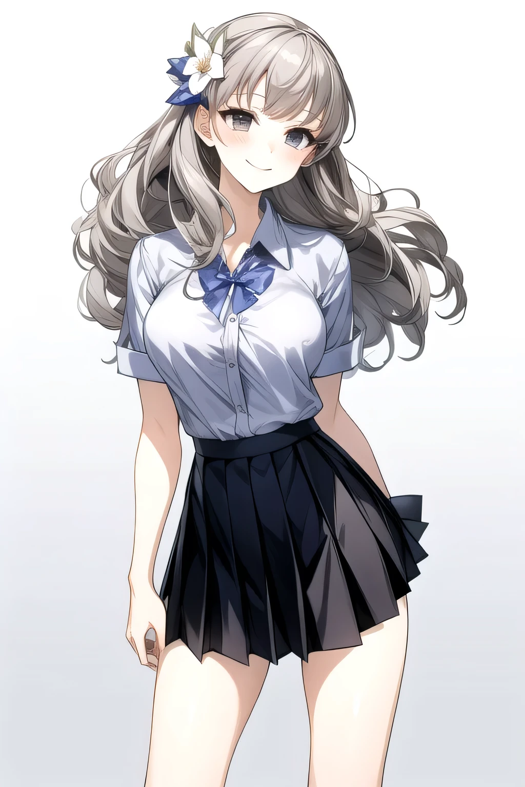 masterpiece, best quality,fuyusaka iori 1, 1girl, solo, hair flower, white shirt, short skirt, black skirt, pleated skirt, hair ornament, flower, long hair, full body, socks, gray hair, white flower, gray eyes, looking at viewer, white background, middle breast, smile, shameful face, slander, standing, loafers, cowboy shot, perpect arms, adult, ecstasy face, beautiful legs,