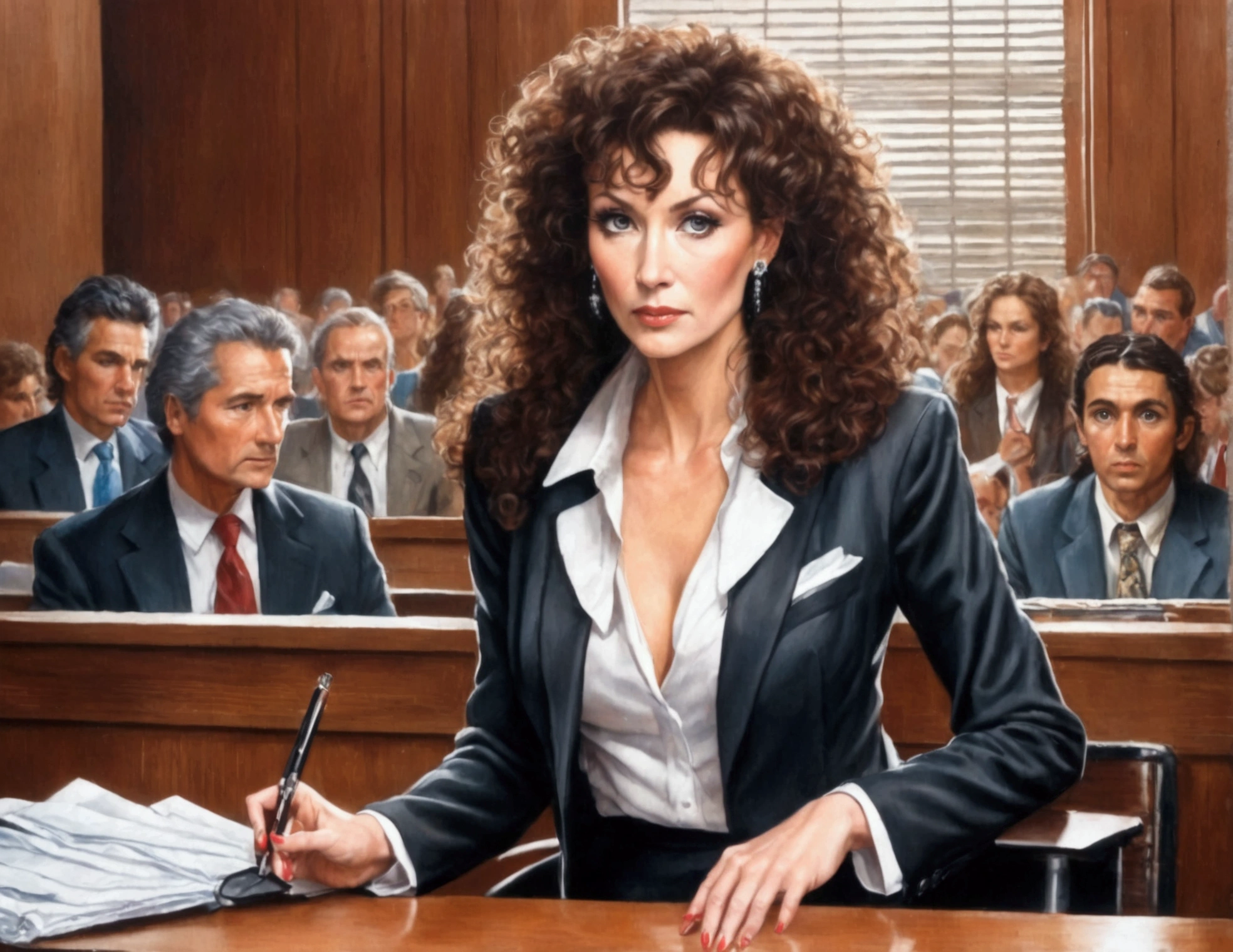 A cute woman (age 40, perm in hair, formal jacket, mini skirt, high heels, little make up, cleavage small but over exposed, folder, cell phone) is questioning a witness in a court room