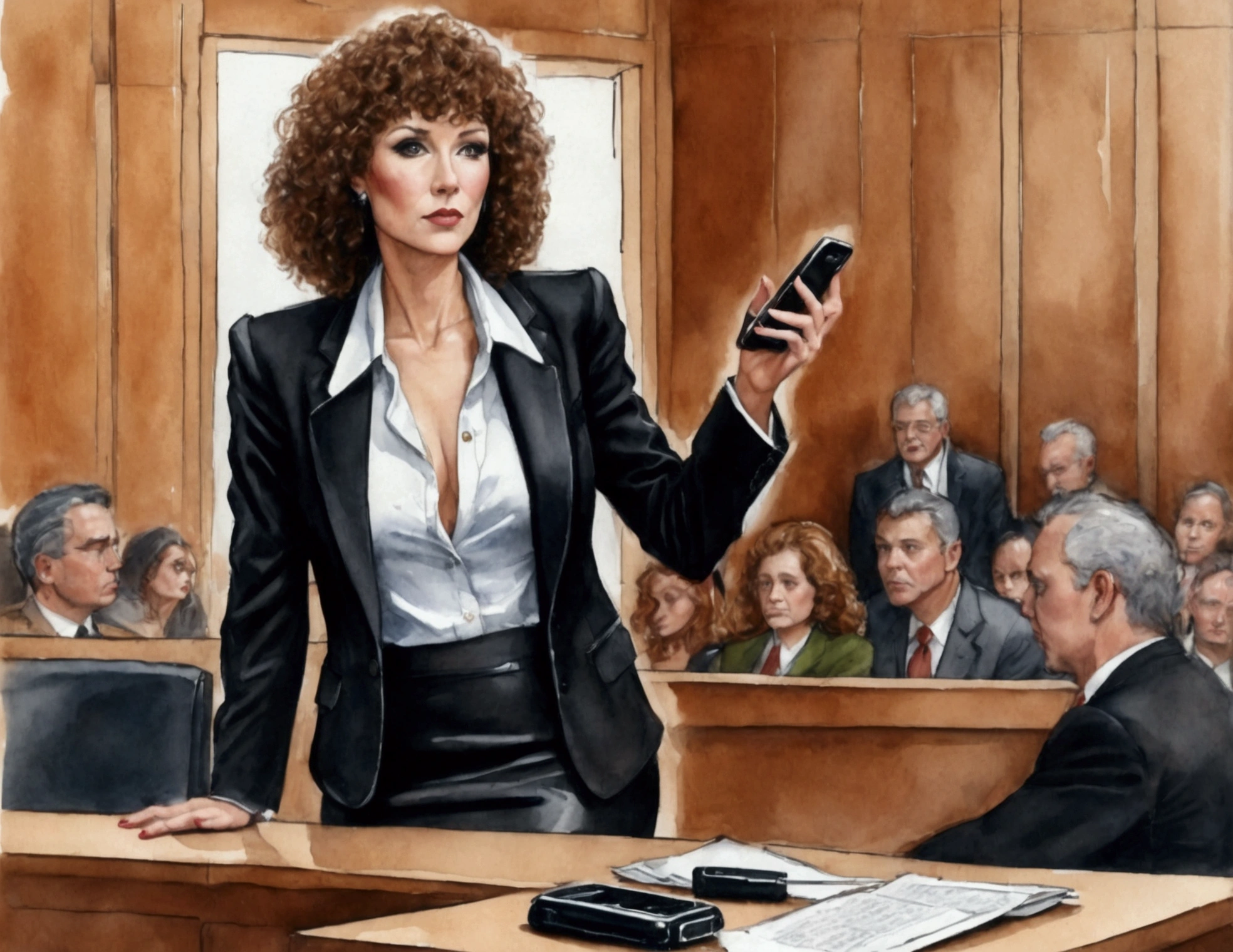 A cute woman (age 40, perm in hair, formal jacket, mini skirt, high heels, little make up, cleavage small but over exposed, folder, cell phone) is questioning a witness in a court room