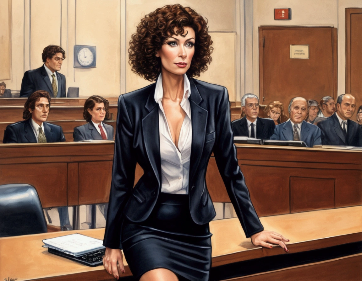 A cute woman (age 40, perm in hair, formal jacket, mini skirt, high heels, little make up, cleavage small but over exposed, folder, cell phone) is questioning a witness in a court room