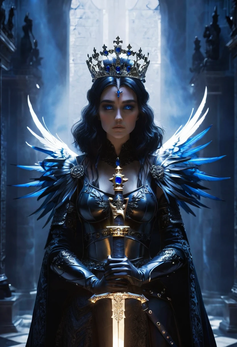 dark queen, intricate black armor, crown with blue jewels, holding a sword, raven on shoulder, ethereal white angel statues, gothic fantasy, dramatic lighting, detailed textures, dark background
