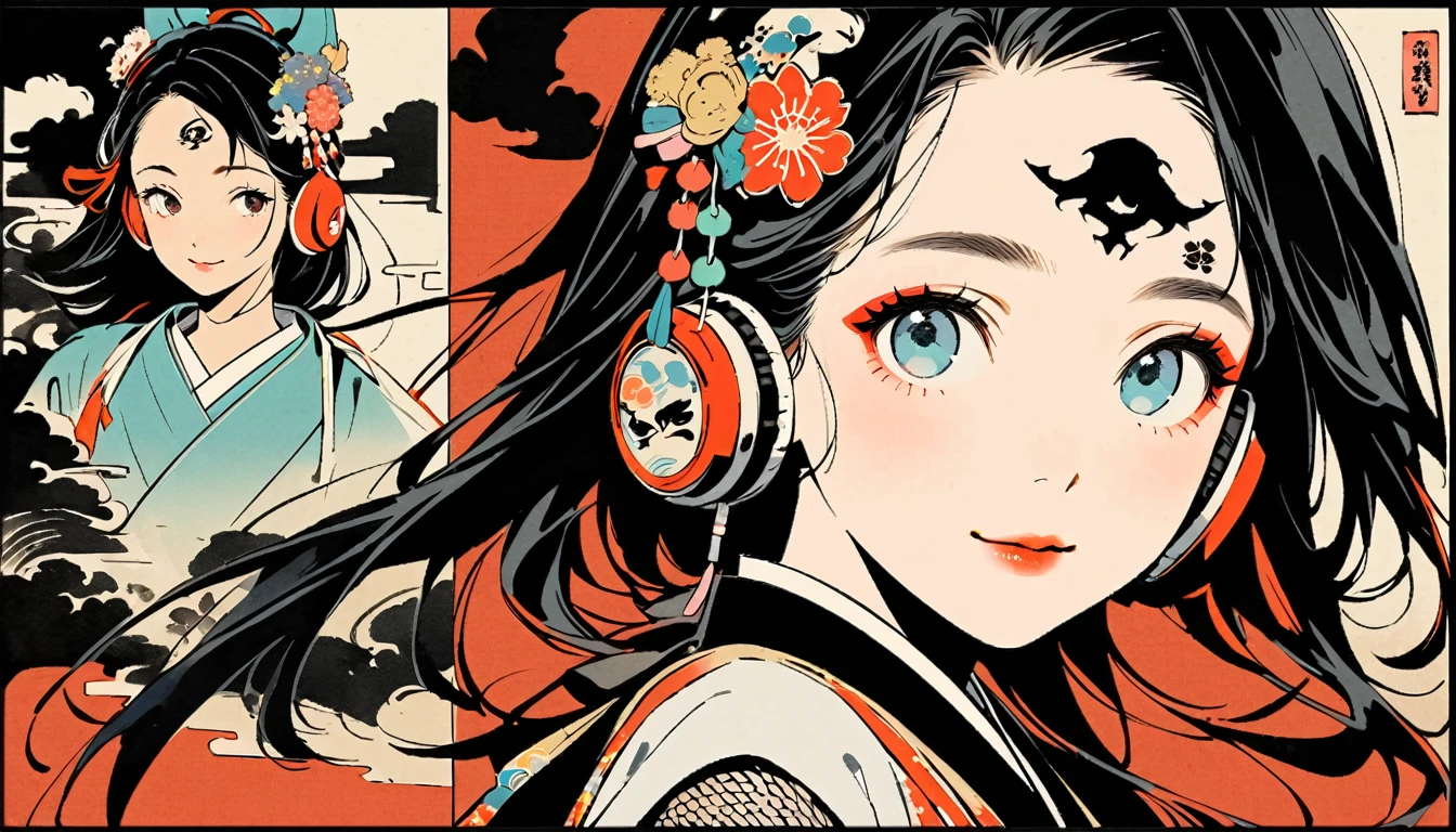 (((Ink Painting))), Fashion portrait color photos, (((1 female))), (((Tattoo in the center of the forehead))), (((Very flashy hair accessories))), (((Very flashy makeup))), Japanese style headphones, devil, face close-up, front view, Japan人の美少女, Black Hair, Delicate and precise, Modern ukiyo-e style,Japan, Droopy eyes, round face, smile