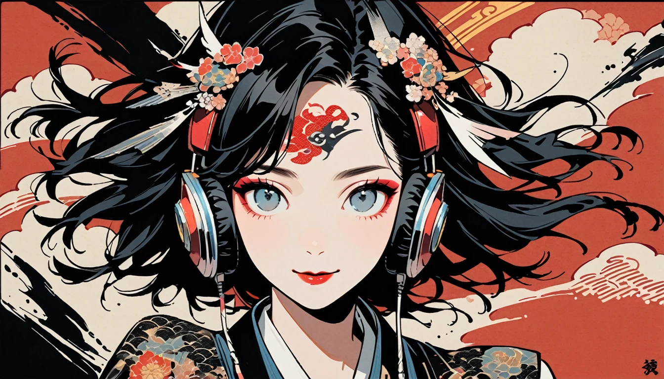 (((Ink Painting))), Fashion portrait color photos, (((1 female))), (((Tattoo in the center of the forehead))), (((Very flashy hair accessories))), (((Very flashy makeup))), Japanese style headphones, devil, face close-up, front view, Japan人の美少女, Black Hair, Delicate and precise, Modern ukiyo-e style,Japan, Droopy eyes, round face, smile