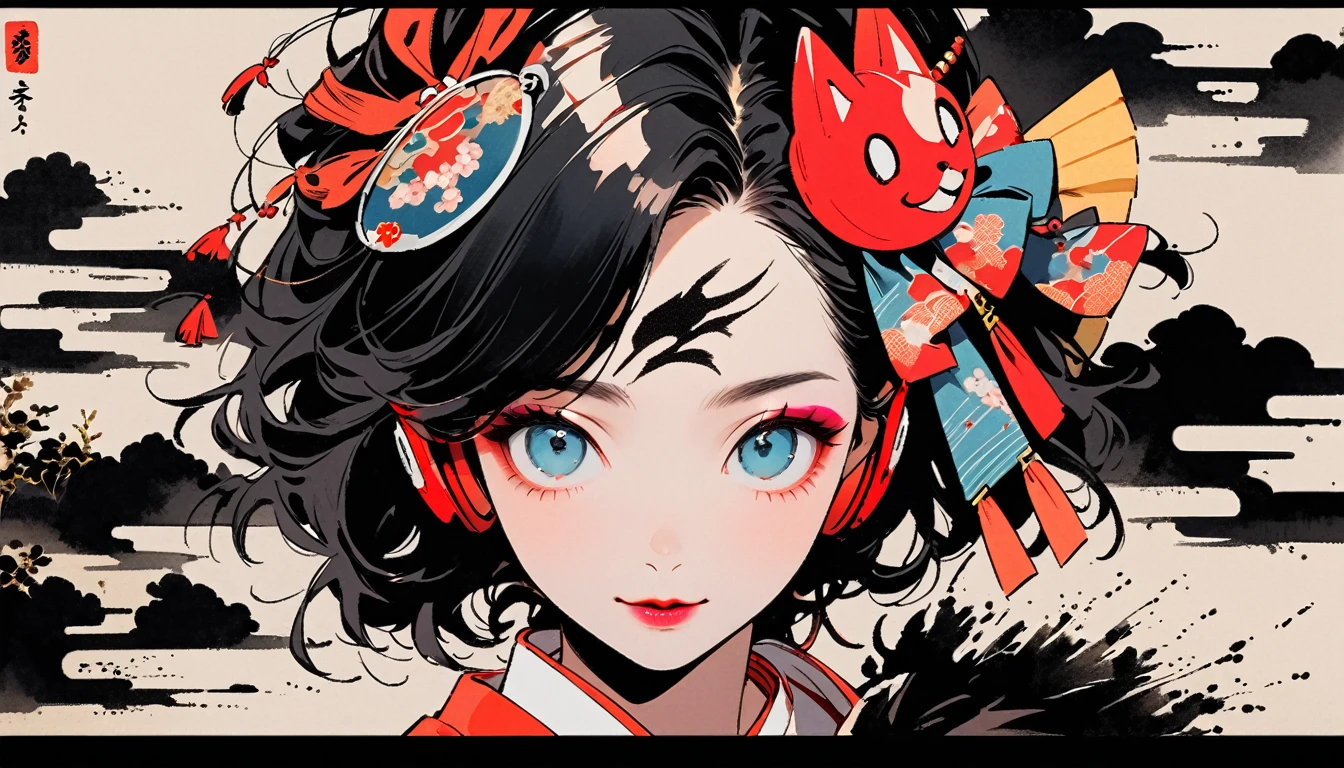 (((Ink Painting))), Fashion portrait color photos, (((1 female))), (((Tattoo in the center of the forehead))), (((Very flashy hair accessories))), (((Very flashy makeup))), Japanese style headphones, devil, face close-up, front view, Japan人の美少女, Black Hair, Delicate and precise, Modern ukiyo-e style,Japan, Droopy eyes, round face, smile