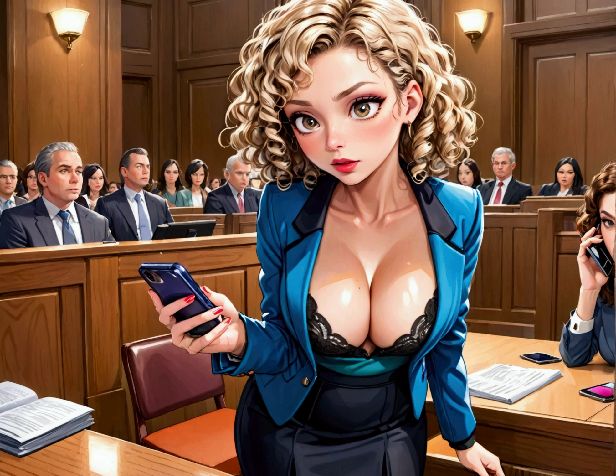 A cute woman (age 40, perm in hair, formal jacket, mini skirt, high heels, little make up, cleavage small but over exposed, folder, cell phone) is questioning a witness in a court room