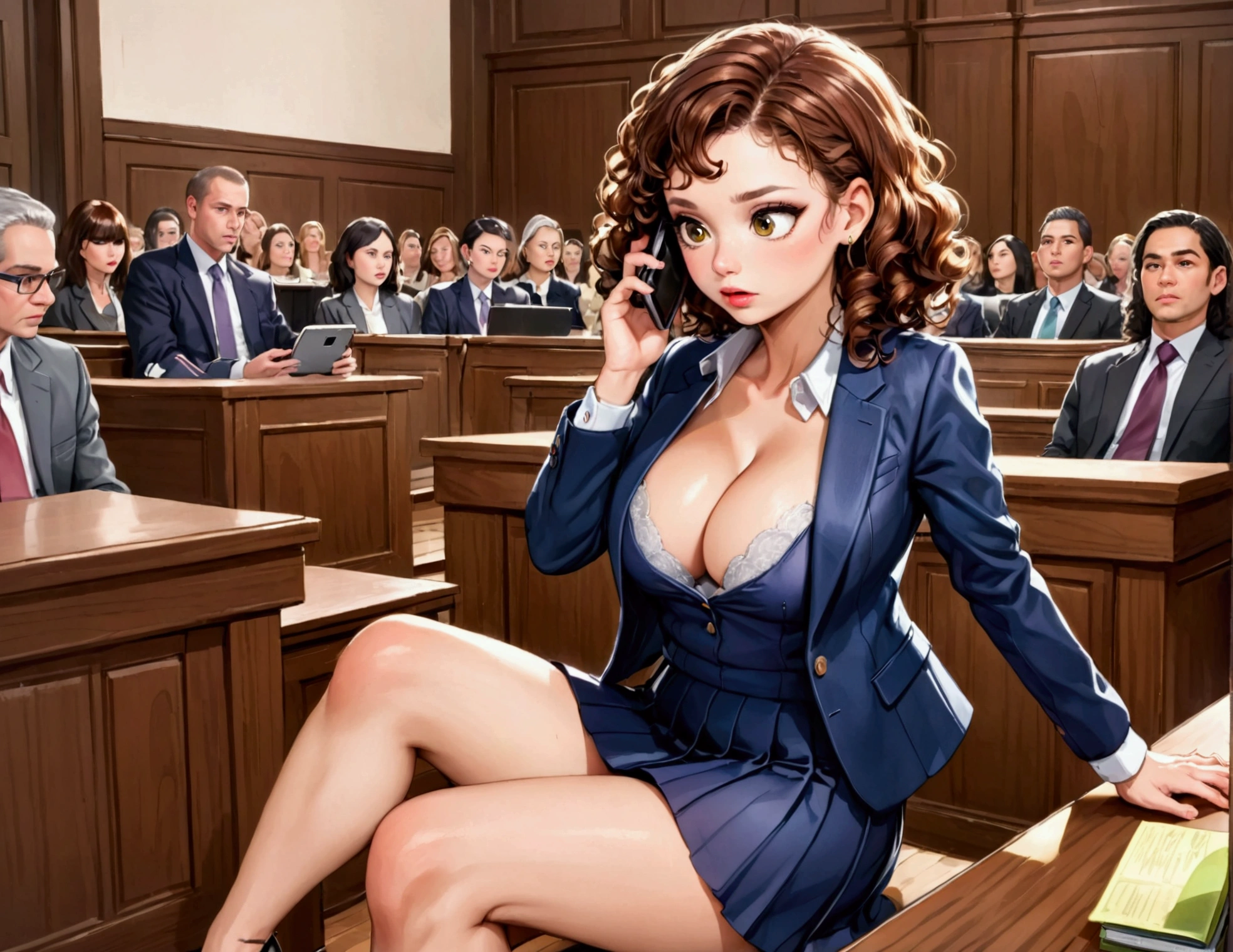 A cute woman (age 40, perm in hair, formal jacket, mini skirt, high heels, little make up, cleavage small but over exposed, folder, cell phone) is questioning a witness in a court room