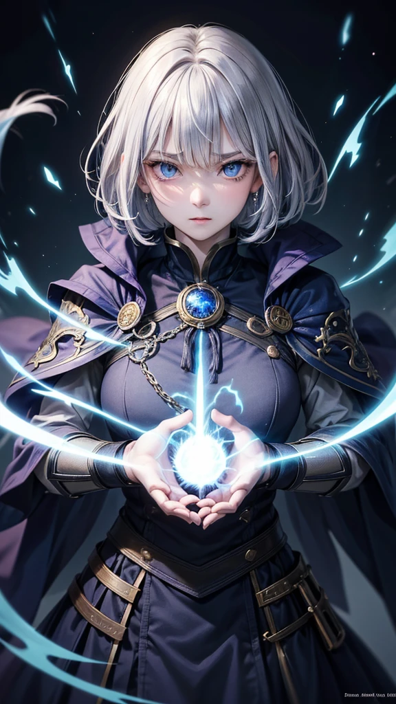 (Highest quality,Very detailed,High resolution:1.2),One adult male,Silver Hair,The most beautiful young man in human history,(1 photo from the front)、Dark blue eyes (Dark blue eyes:1.1),さみし気なaura(aura:1.1),(mysterious,Ghostly:1.1) atmosphere,Looks like half a demon,(Demonic traits,Demonic traits),(Elaborate,wonderful) ,Strong body、Shortcuts、Use magic、auraが漂う、Cape、Powerful、Confident expression、Are standing、Very Short Hair、Hair in transverse divisions、Perm、Sharp Eyes、Angry、Throws glowing blue fireballs、Emits a flash of light from the body