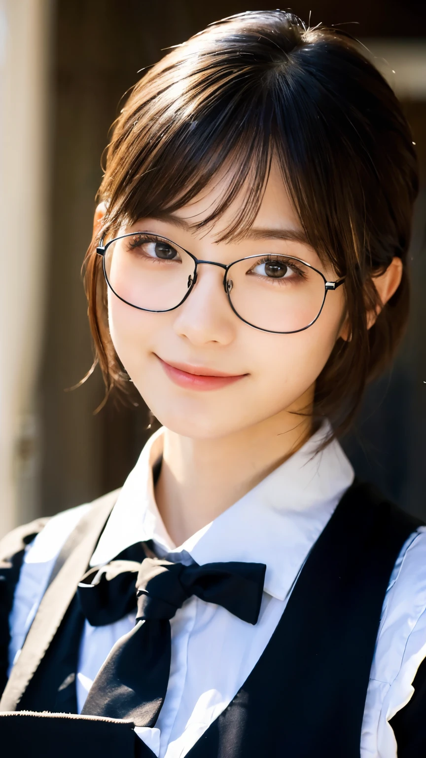 (Highest quality,masterpiece:1.3,Ultra-high resolution),(Very detailed,Caustics,8k),(Realistic:1.4,RAW shooting),A girl dressed as a butler,Japanese,boyish,smile,20-year-old,Short black hair,Glasses,Looking into the camera,Inside the Western-style building,Waist up shot,front,Face Focus,Face close-up,(Warm Light),Professional Writing