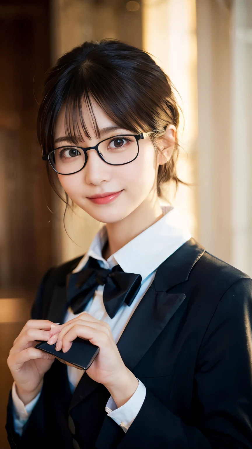 (Highest quality,masterpiece:1.3,Ultra-high resolution),(Very detailed,Caustics,8k),(Realistic:1.4,RAW shooting),A girl dressed as a butler,Japanese,boyish,smile,20-year-old,Short black hair,Glasses,Looking into the camera,Inside the Western-style building,Waist up shot,front,Face Focus,Face close-up,(Warm Light),Professional Writing