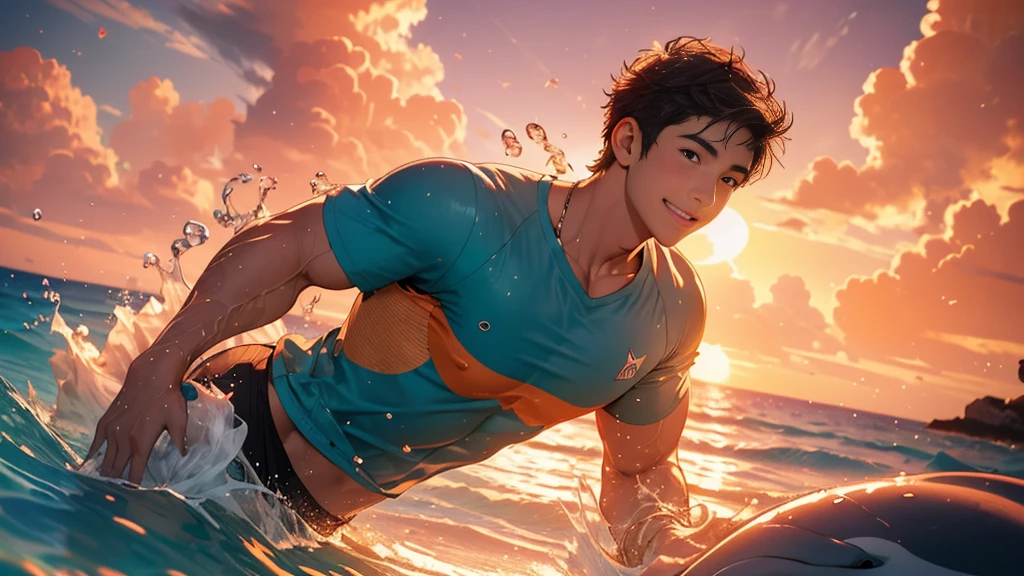 {best quality}, {very aesthetic}, {ultra-detailed}, {8k}, {Super elaborate face}, {Super-smart body}, {best illustration}, Mature face, 20-year-old, swim under the sea, (In the water), Midsummer Seafloor, Ocean floor at dusk, smile, Super-detailed dolphin, 夕日が刺し込むIn the water, T-Shirts, Sand on the seabed, Soft Light, Coral Reef, full body view, flat chest, Orange sunset, Black Hair,