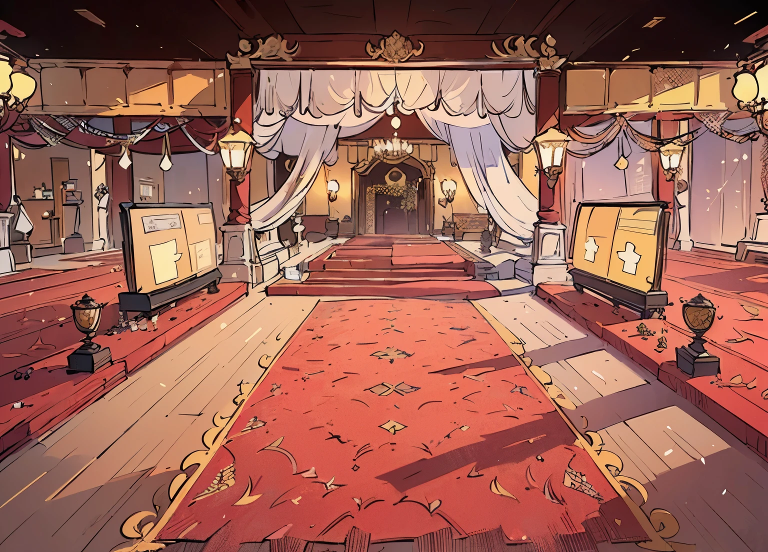 There is a room with a red carpet,There's a red carpet., Beautiful rendering of the Tang Dynasty, decadent The Golden Throne Room, ballroom background, exquisitely designed The Golden Throne Room, Anime Background art, The Golden Throne Room, Palace Background, Anime Landscape Concept Art, Interior Background Art, Personal room background, Anime Background, Japanese feudal background, rustic The Golden Throne Room, Indoor tent background ancient style palace interior