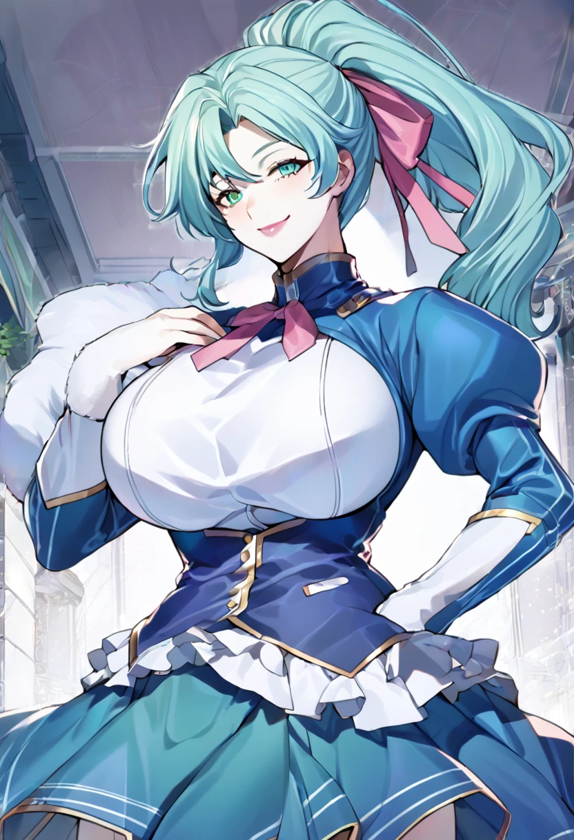 High detailed, kimtag, 1 girl, solo, sysdeep_akeno, Ivory colored eyes, castleton-green colored hair, large hair, ponytail ribbon, pink ribbon, busty, plump Buson, chunky body, blue genetics's uniform, Juliet sleeves,  deep cleavage, blue skirt, genetics's uniform, juliet sleeves, genetics's uniform, smiling