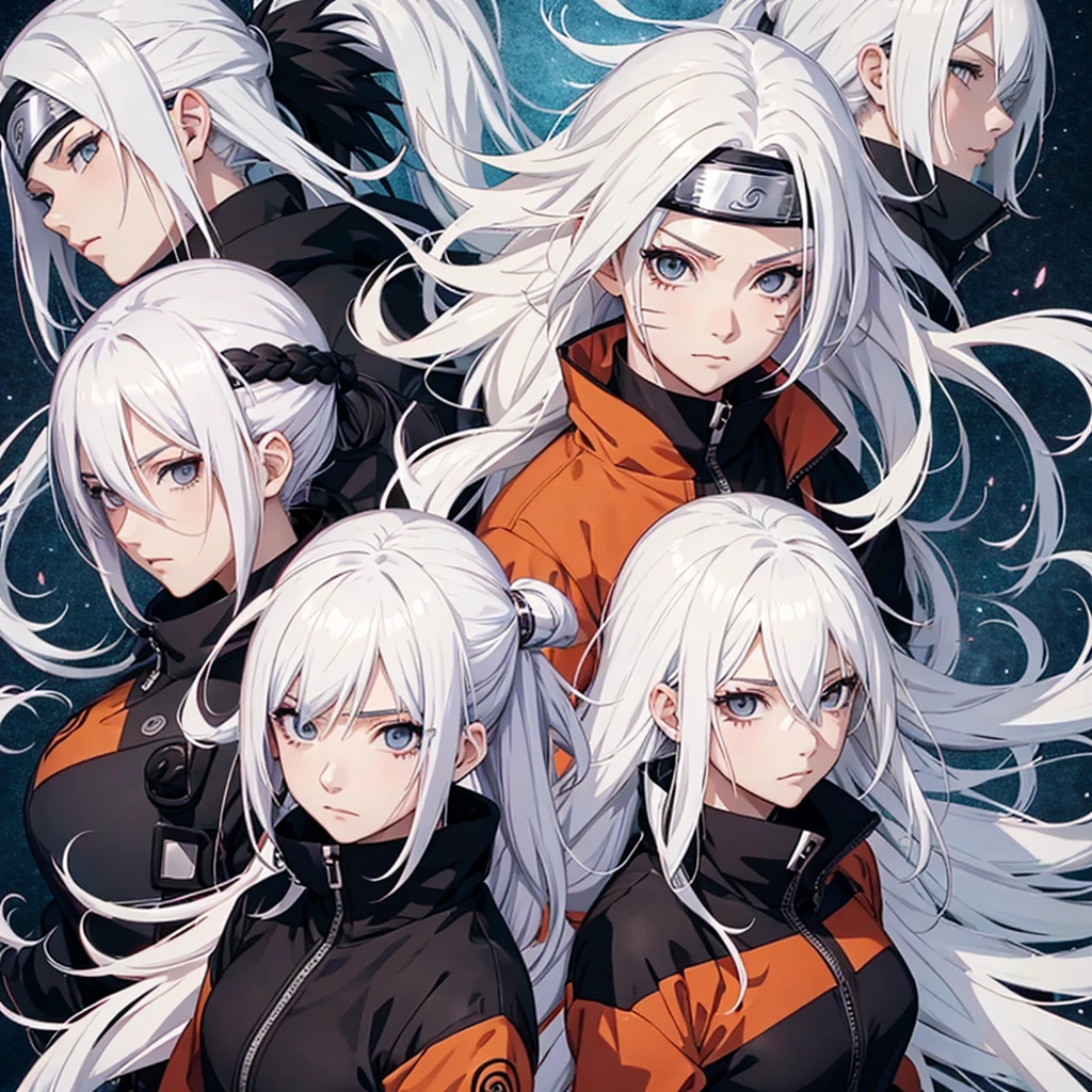 Naruto anime, female characters, White hair, black eyes,king, wavy hair, hair with lasio fringe