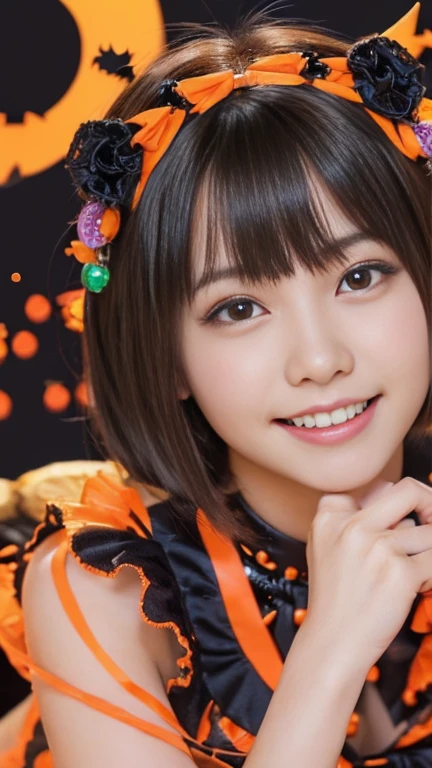 (1girl,extremely cute girl,beautiful girl,ultra detailed face,detailed dropped eyes,charming smile,short hair,japanese young girl,halloween costume,ecstasy:2.0),monster costume,pumpkin,jack-o'-lantern,best quality,4k,8k,highres,masterpiece,ultra-detailed,realistic,photorealistic,photo-realistic,vivid colors,studio lighting