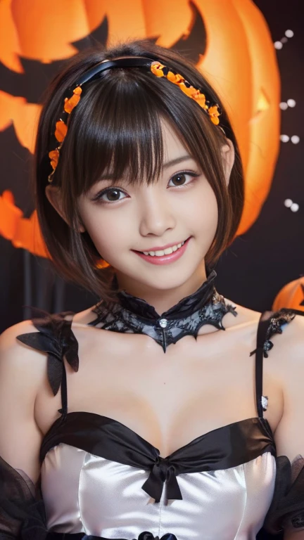 (1girl,extremely cute girl,beautiful girl,ultra detailed face,detailed dropped eyes,charming smile,short hair,japanese young girl,halloween costume,ecstasy:2.0),monster costume,pumpkin,jack-o'-lantern,best quality,4k,8k,highres,masterpiece,ultra-detailed,realistic,photorealistic,photo-realistic,vivid colors,studio lighting