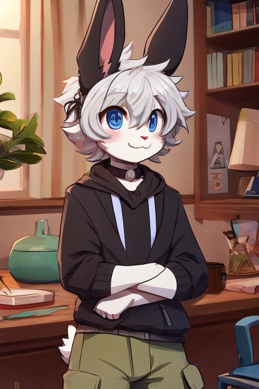 Art kemono,furry Masculine,furry rabbit,Rabbit ears,High,white fur color,Short hair,Curly hair,White hairCute faceLight blue eyes,Smiling,Blinking the eye,Tank top,Black shirt color,cargo pants,Pant color dark blue,Apartment cartoon scenery.