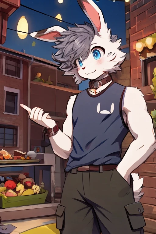 Art kemono,furry Masculine,furry rabbit,Rabbit ears,High,white fur color,Short hair,Curly hair,White hairCute faceLight blue eyes,Smiling,Blinking the eye,Tank top,Black shirt color,cargo pants,Pant color dark blue,Apartment cartoon scenery.