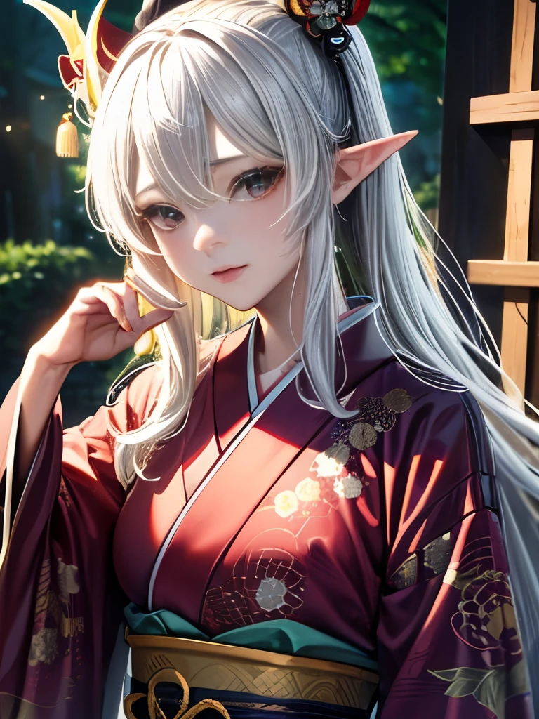 (超精巧なCG Unity 8k wallpaper), (Ultra high definition), (masterpiece), (Highest quality), (Realistic), geisha, kimono, dance, Fairy, Pointy Ears, ((Highest quality)), ((Very detailed)), (((8k wallpaper))), Midsummer Japan Forest