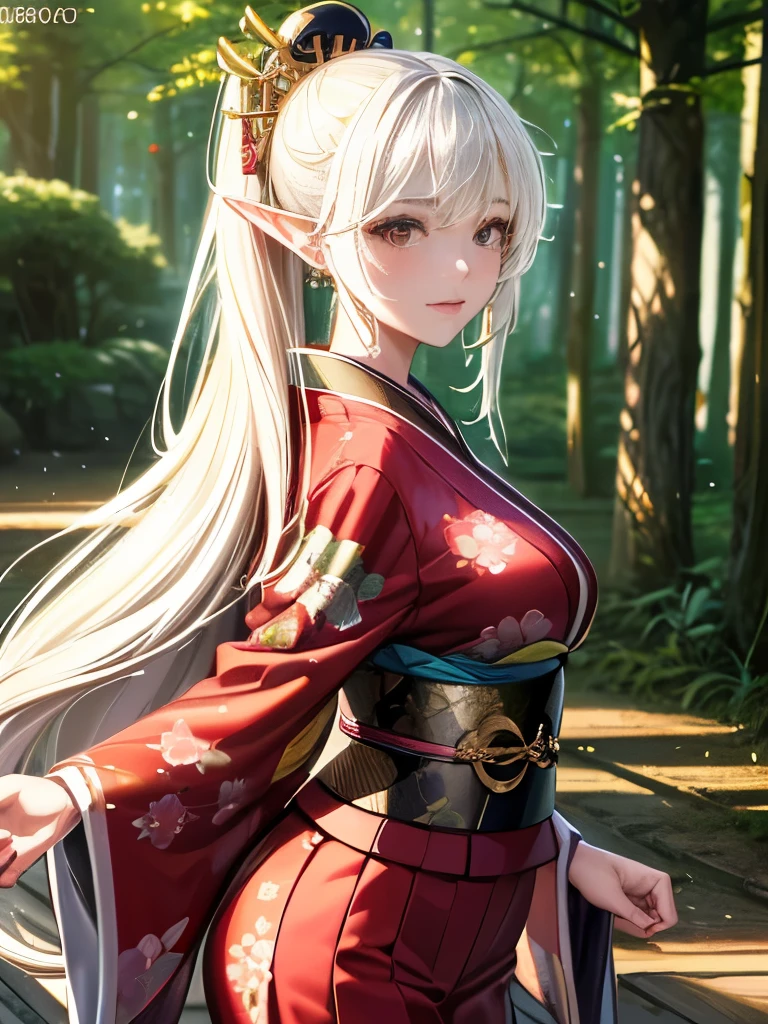 (超精巧なCG Unity 8k wallpaper), (Ultra high definition), (masterpiece), (Highest quality), (Realistic), geisha, kimono, dance, Fairy, Pointy Ears, ((Highest quality)), ((Very detailed)), (((8k wallpaper))), Midsummer Japan Forest