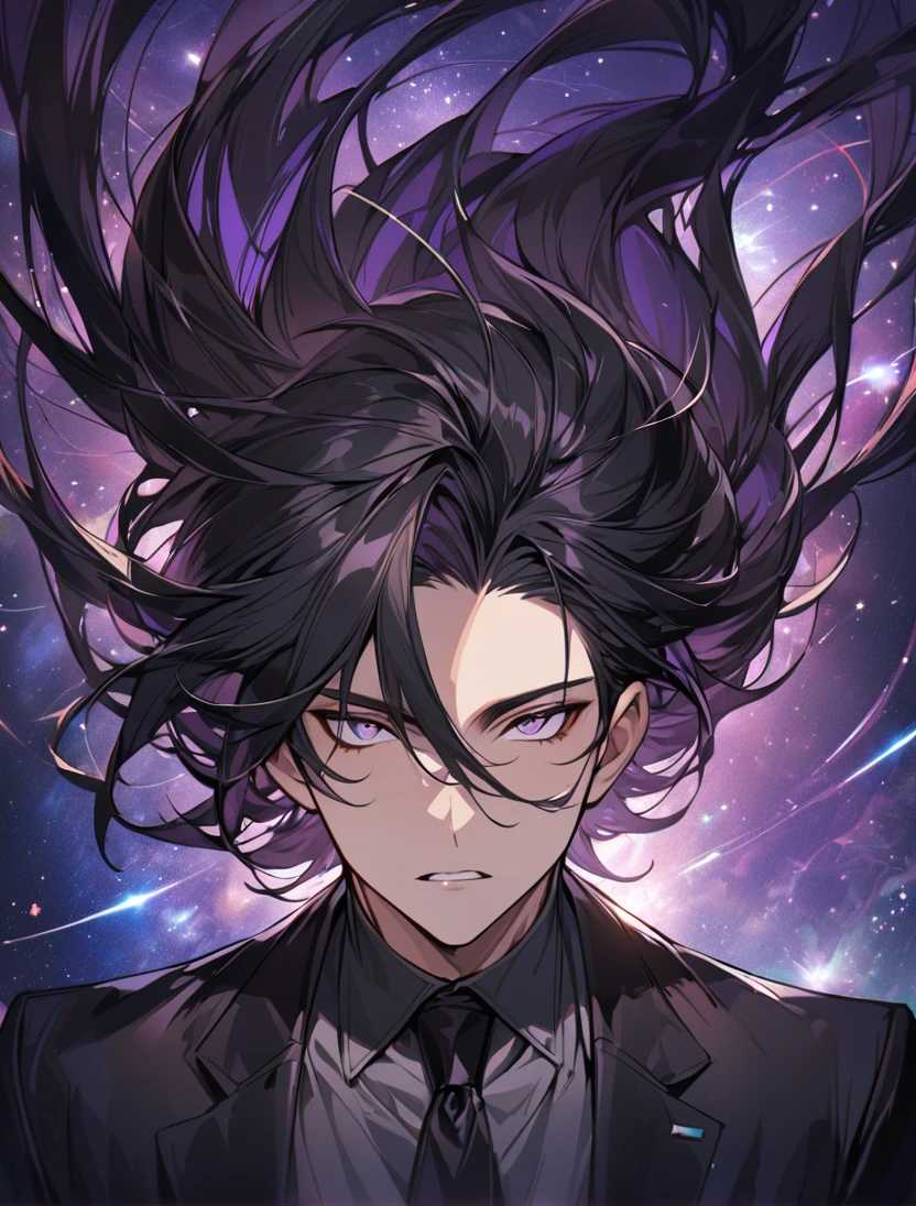 (black_hair), (long_male_hair), (deep_purple_eyes), (high_detailed_eyes), (attractive), (Deep_space_background), (male), (wears_black_suit), (long_male_hair), (detailed_Hair), (detailed), (detailed_mouth), (vertical_slit_pupils), (western)